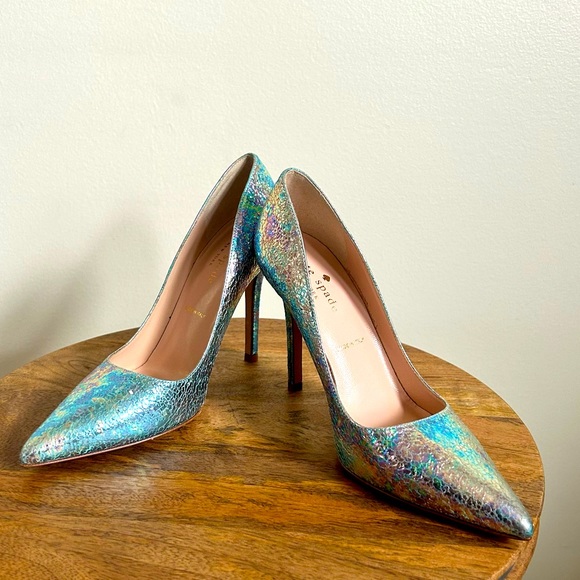 Kate Spade NWOB Larissa Blue Swirl Iridescent Crackle Genuine Leather 4”Heels 5M - Picture 7 of 15